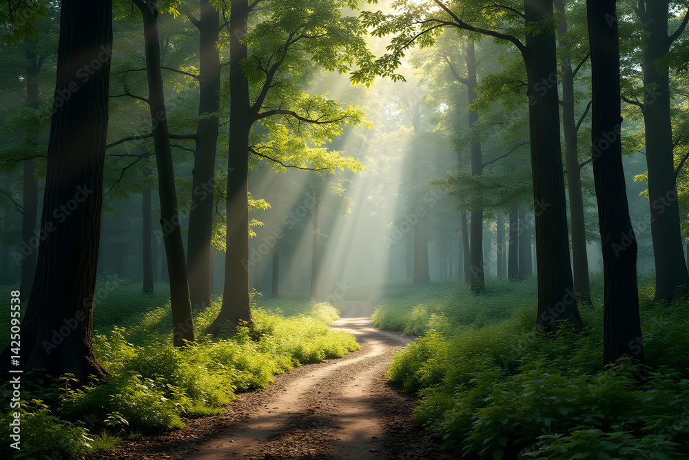 Enchanting Forest Path, A Serene Journey Through Sunlight and Shadows, Offering a Sense of Tranquility and Escape into Nature's Embrace Enchanting Forest Path, A Serene Journey Through Sunlight and Shadows, Offering a Sense of Tranquility and Escape into Nature's Embrace
