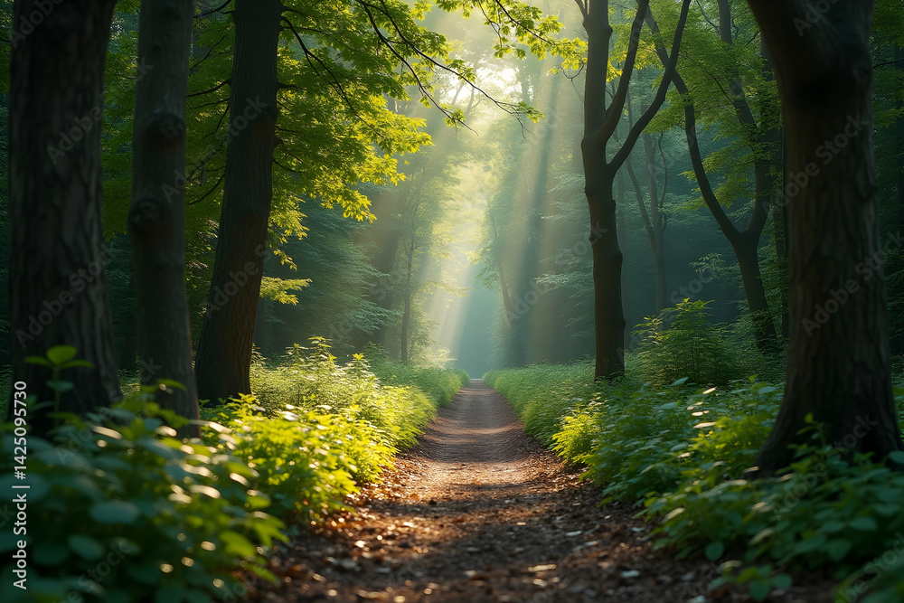 Fototapeta premium Enchanting Forest Path, Sunlight Filtering Through Trees Creating a Mystical Ambience and Inviting Discovery Along a Verdant Trail with Open Space