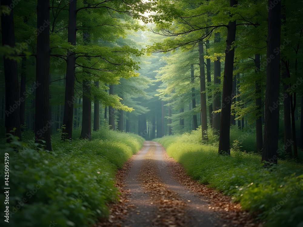 Obraz premium Enchanting Forest Pathway, A Serene Journey Through Sunlight and Shadow, Inviting Exploration and Reflection Amidst Nature's Tranquil Embrace