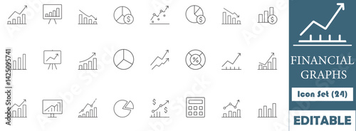 24 editable financial line icons featuring charts, bars, pie graphs, and analytics. Perfect for business reports, dashboards, and finance presentations.