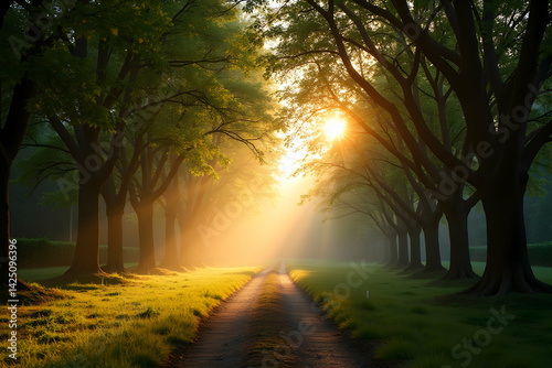 Enchanting morning light filtering through majestic trees, illuminating a tranquil path inviting exploration and promising a serene escape into nature's embrace