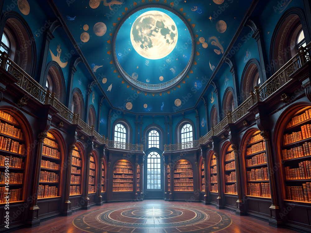 Obraz premium Enchanting Moonlit Library, A Mystical Realm of Knowledge and Imagination Under a Celestial Canopy with Soaring Architectural Grandeur and Infinite Literary Treasures