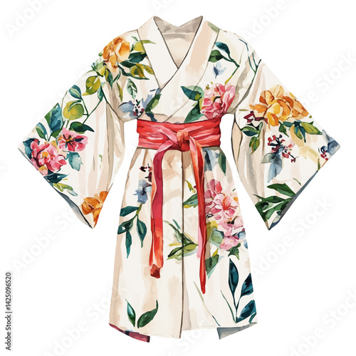 Floral kimono robe, watercolor illustration, isolated on a white background.

