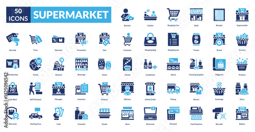 Supermarket fill icon collection set.  Includes grocery, shopping cart, food, store, basket, cashier, checkout, produce, market, aisle, sale, discount, items, packaging, payment
