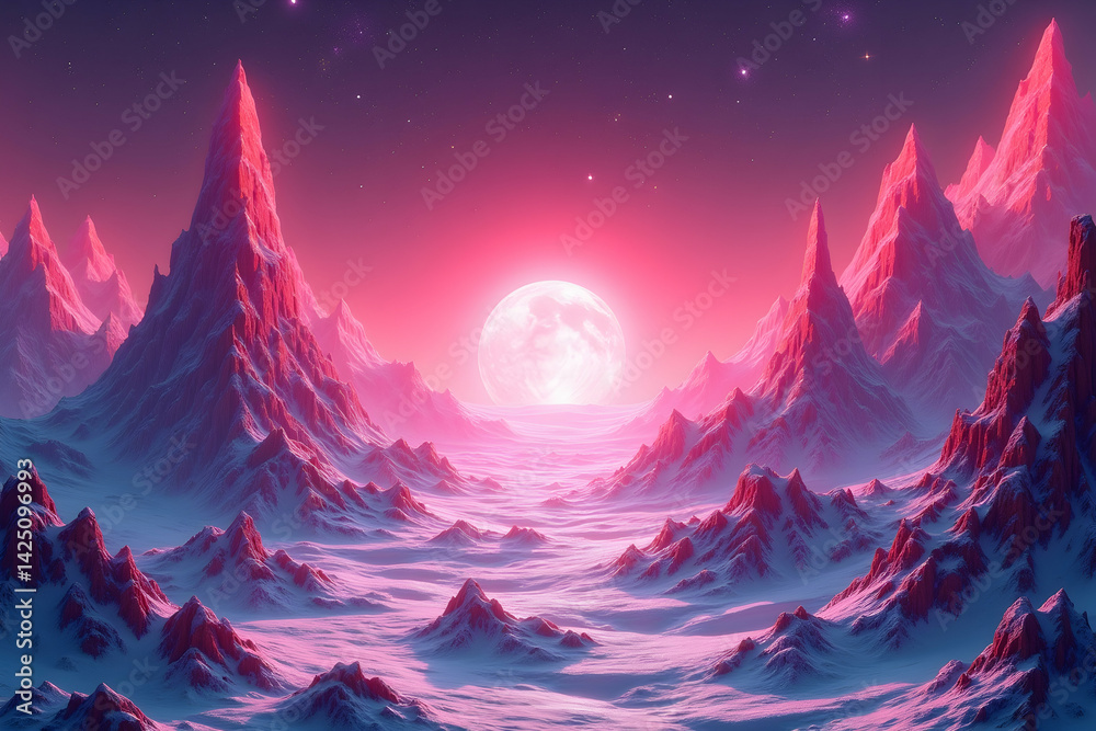 Enchanting pink galaxy landscape with crystal mountains and celestial glow, a surreal and dreamy vista of an alien world under a radiant moon