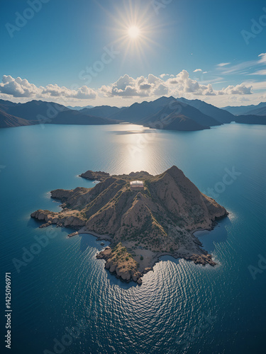 Aerial of Island of the sun at lake Titicaca in Bolivia