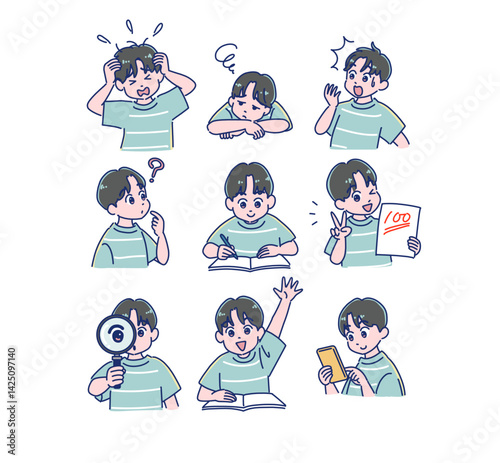 小学生の男子の勉強の表情セット