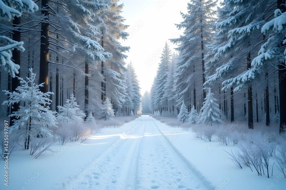 Obraz premium Enchanting Snowy Forest Path, A Winter Wonderland Scene with Sunlit Space, Perfect for Serene Escape and Tranquil Reflections in Nature's Icy Embrace