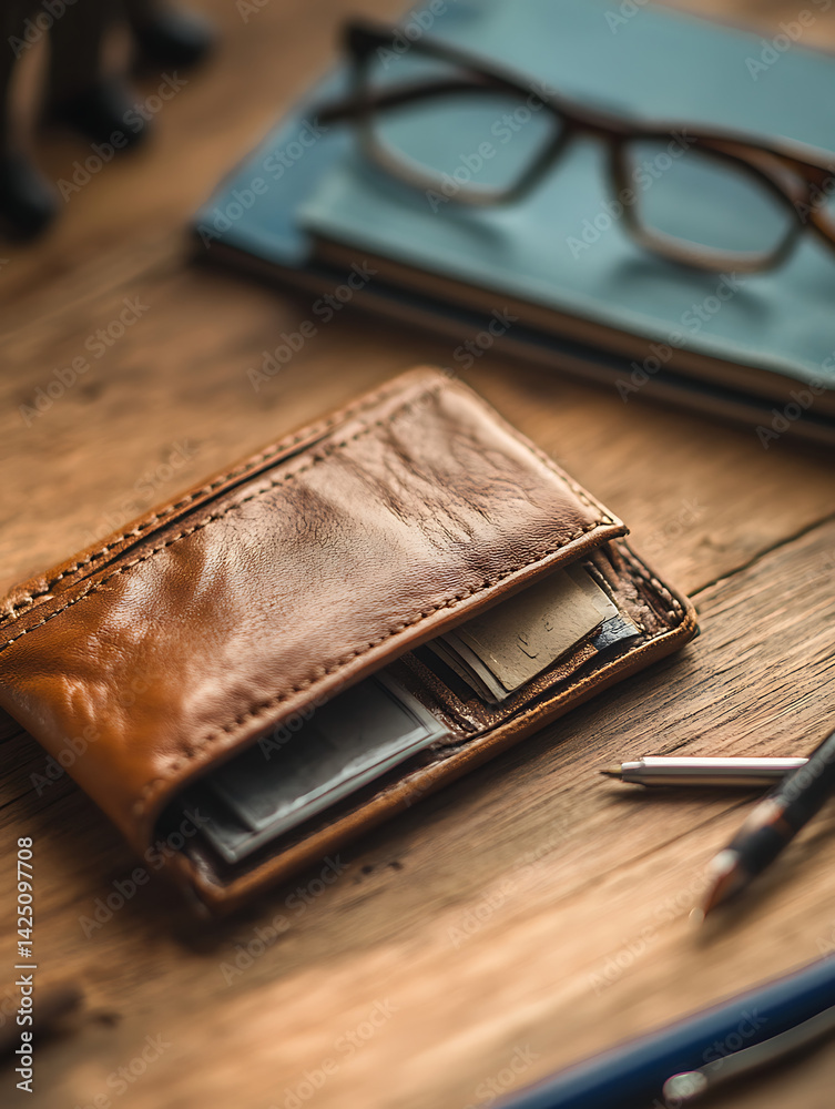 a wallet on a wooden surface. a wallet on a wooden surface.