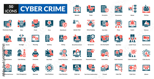 Cyber crime fill icon collection set. Includes hacker, malware, phishing, ransomware, spyware, breach, fraud, firewall, encryption, password, identity, scam, virus, threat, surveillance