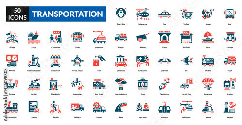 Transportation fill icon collection set. Includes vehicle, logistics, shipping, delivery, cargo, truck, train, airplane, ferry, route, highway, freight, mobility, transit, journey, tram