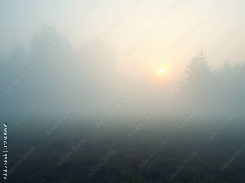 Enigmatic landscape with dense ground fog shrouding trees, creating a mysterious atmosphere as the sun gently pierces through, painting the horizon with soft light Enigmatic landscape with dense ground fog shrouding trees, creating a mysterious atmosphere as the sun gently pierces through, painting the horizon with soft light