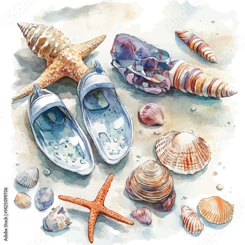 Flippers and seashells washed ashore, watercolor illustration, isolated on a white background.

