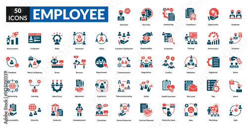 Employee fill icon collection set. Includes team, staff, worker, personnel, colleague, manager, intern, supervisor, leader, recruiter, professional, assistant, administrator, associate, consultant