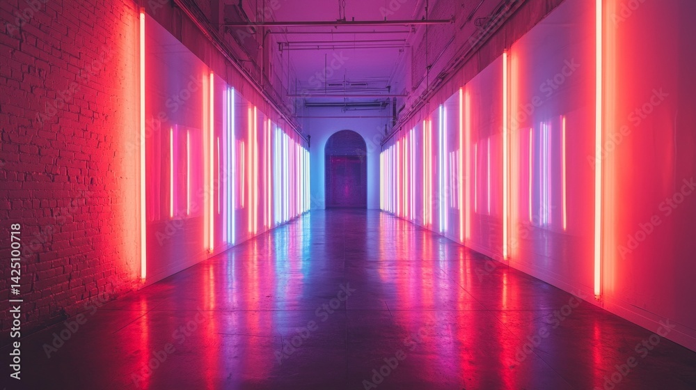 A long hallway with neon lights and a red brick wall A long hallway with neon lights and a red brick wall