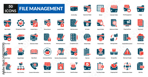 File management fill icon collection set. Includes organization, folder, document, storage, archive, backup, directory, cloud, sorting, data, access, system, file, secure, transfer