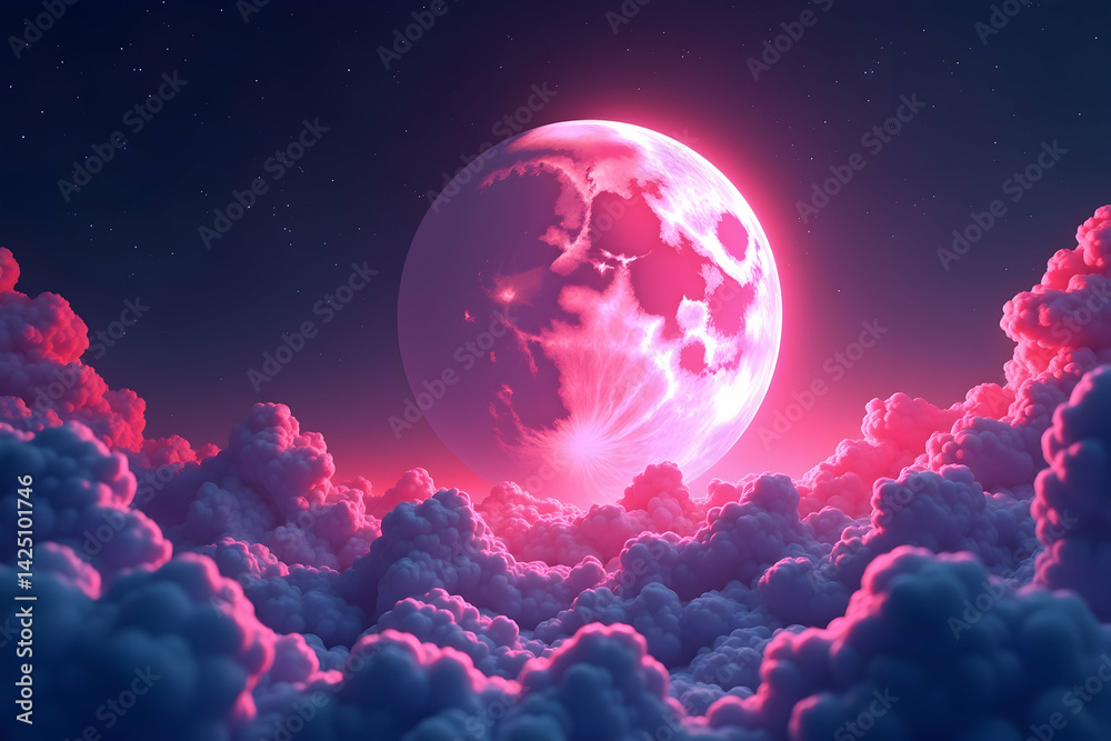 Fototapeta premium Ethereal Vaporwave Dreamscape, A 3D Render of the Moon and Stars Bathed in Soft Pink and Purple Vaporwave Color Gradients Creating a Serene Ambiance