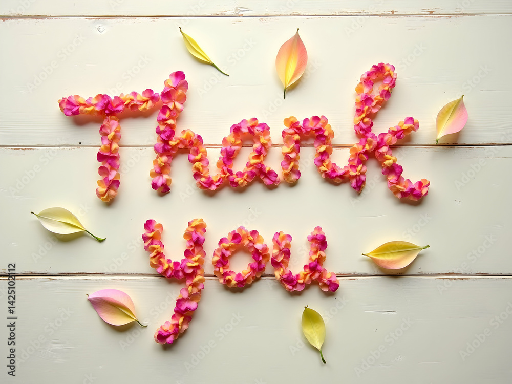 Expressing gratitude with a floral touch, A whimsical arrangement of vibrant flower petals spelling out 'Thank You' on a bright wooden surface, a gentle reminder