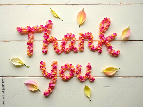 Obraz na płótnie Expressing gratitude with a floral touch, A whimsical arrangement of vibrant flower petals spelling out 'Thank You' on a bright wooden surface, a gentle reminder w salonie