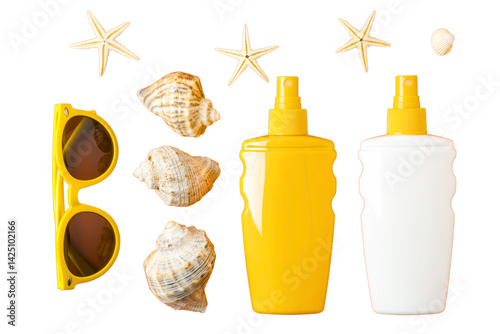 Sunglasses and sunscreen ready for a sunny beach day, isolated on white, PNG