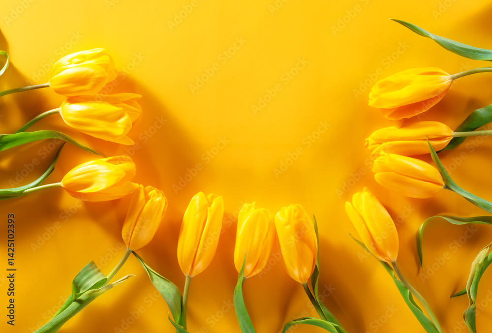 Obraz premium Fresh Bouquet of Yellow Tulips on Vibrant Yellow Background with Copy Space