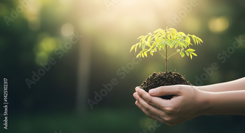 hand holding tree on blur green nature background. concept eco earth day. Concept World Environment Day