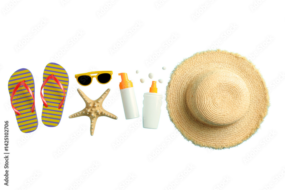 Sunscreen bottles, flip flops, and a straw hat for summer fun, isolated on white, PNG