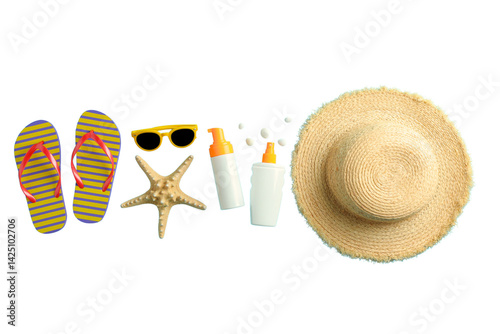 Obraz na płótnie Sunscreen bottles, flip flops, and a straw hat for summer fun, isolated on white, PNG w salonie