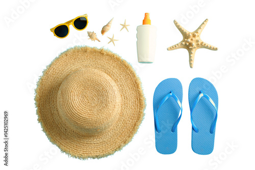 Obraz na płótnie Flat lay arrangement of summer vacation items including a sun hat, isolated on white, PNG w salonie