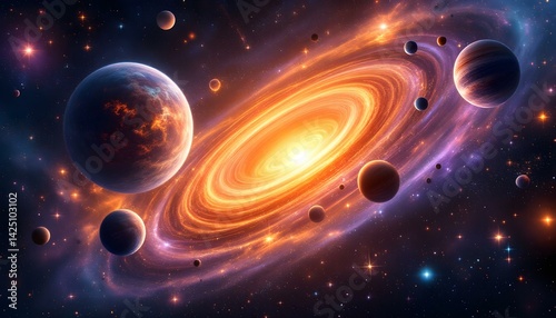 Vivid space scene with glowing planets, swirling galaxies, luminous cosmic dust, and a radiant golden ring.