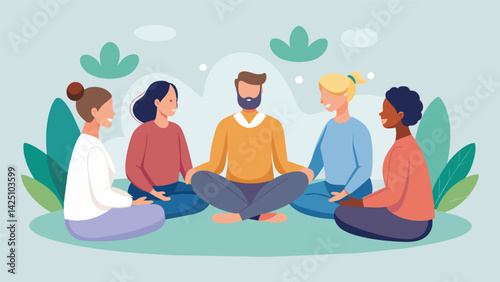 Under the guidance of a facilitator a support group for individuals with mental health challenges participates in group meditative drawing creating a. Vector illustration
