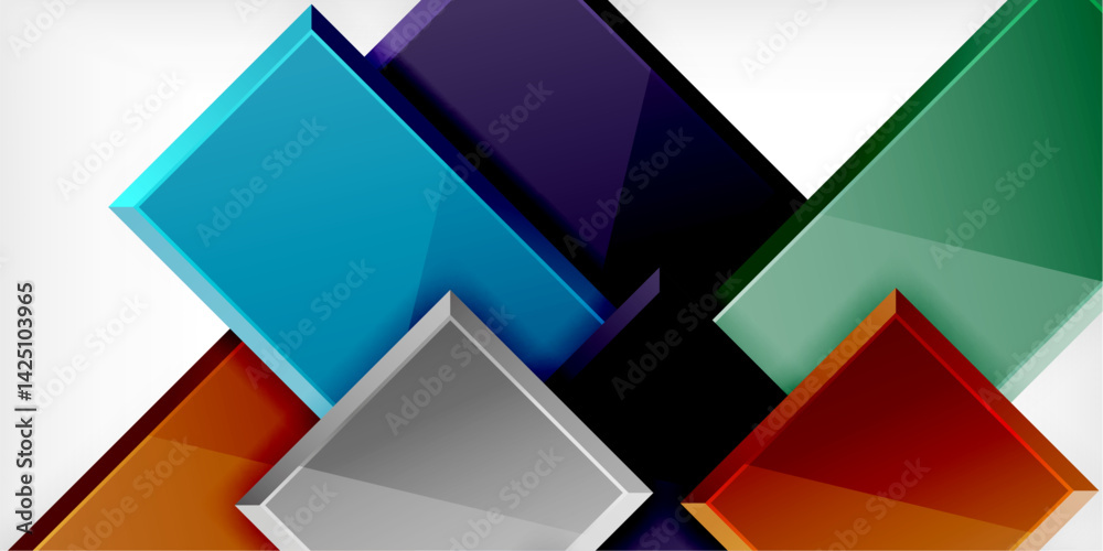 Abstract geometric composition. Overlapping squares, rectangles create dynamic visual effect. Bright colors, glossy surfaces suggest modern design, depth. Abstract geometric composition. Overlapping squares, rectangles create dynamic visual effect. Bright colors, glossy surfaces suggest modern design, depth.