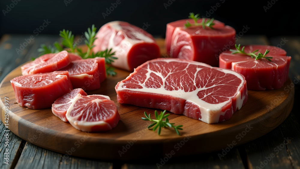Exquisite Selection, A Butcher's Delight of Fresh, High-Quality Meat Cuts Artfully Arranged on Rustic Wood, Ready for Culinary Creations and Gourmet Meals Exquisite Selection, A Butcher's Delight of Fresh, High-Quality Meat Cuts Artfully Arranged on Rustic Wood, Ready for Culinary Creations and Gourmet Meals