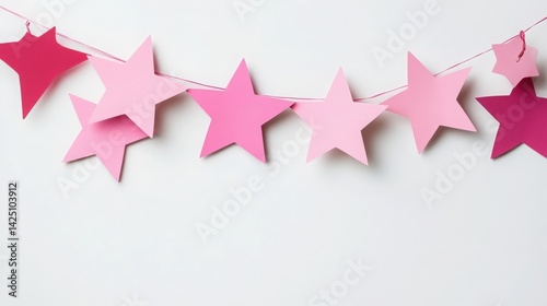 Pink and Red Paper Star Garland on White Background