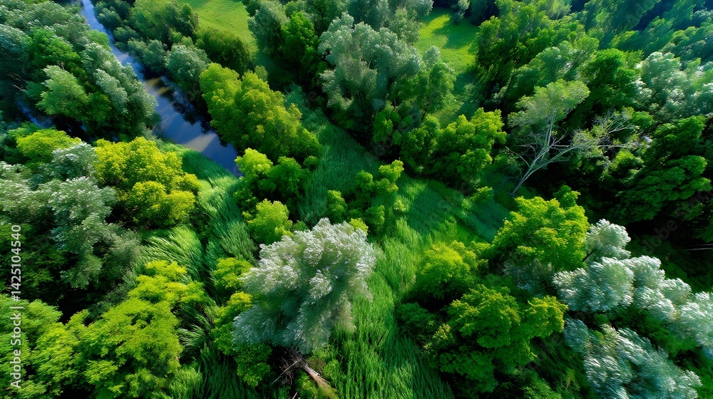 Naklejka premium Aerial View Lush Green Forest River - Aerial Photography