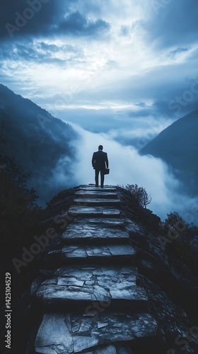 Businessman on a Mountain Path Faces Success and Opportunity Ahead