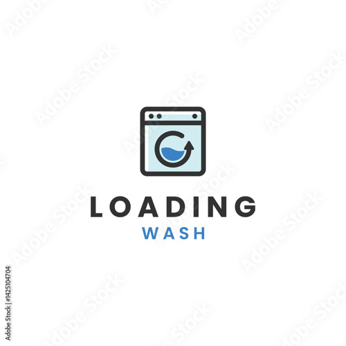 Modern circular wash icon with arrow, clean drum, bubbles, cycle motion, laundry service symbol.
