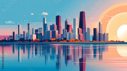 Chicago Skyline Sunset Reflection.