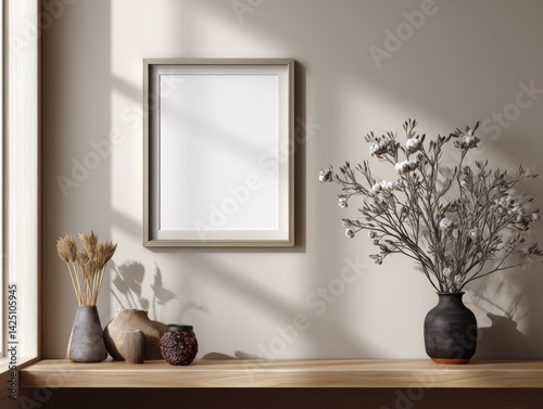 Beige wall with a wooden shelf and a vase of dried flowers, a blank picture frame mockup. 