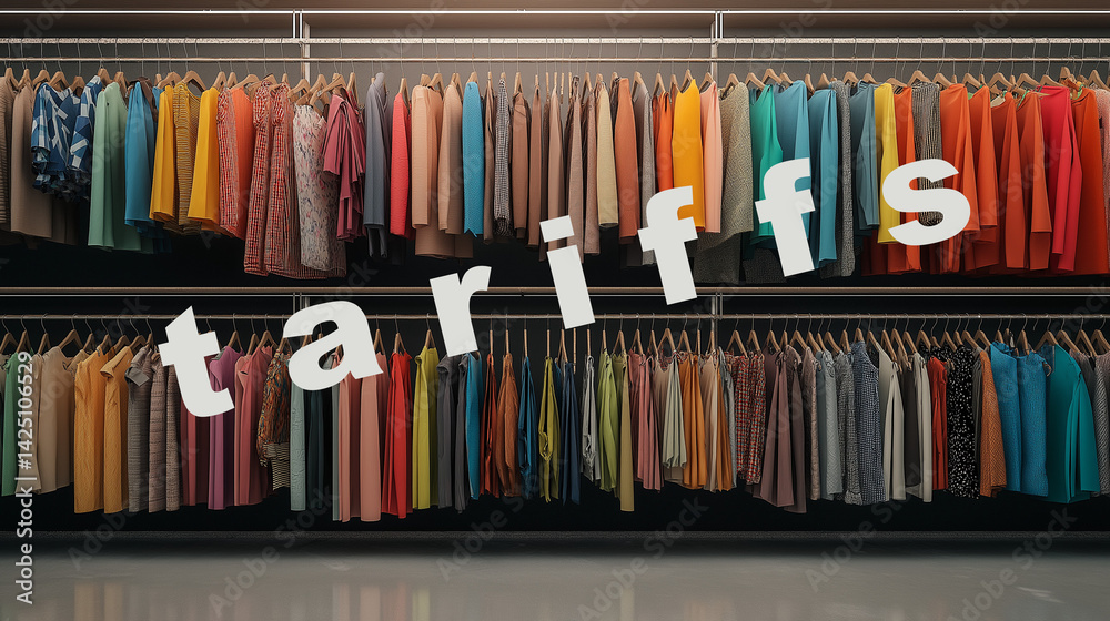 Tariffs word on racks of clothing
