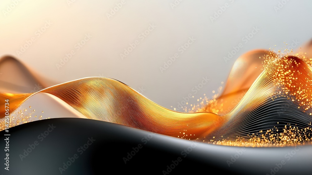 Obraz premium Decorative gold light curves with line and wave motifs on luxury black-white background