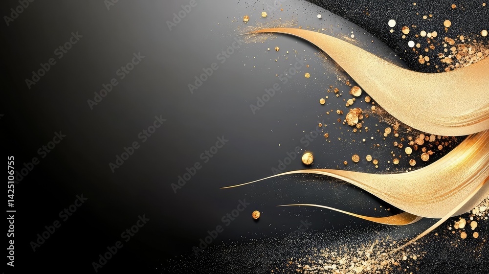 Fototapeta premium Decorative gold light curves with line and wave motifs on luxury black-white background