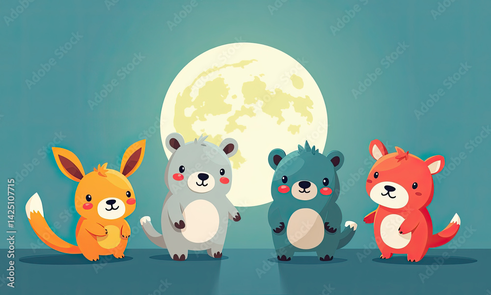 Naklejka premium Cute Animal Friends Moonlit Night Cartoon - Kawaii