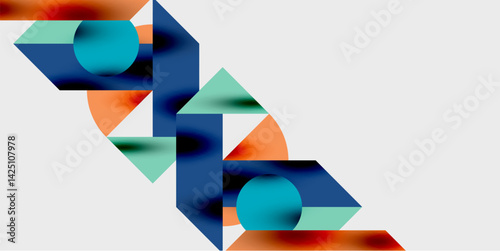 Abstract geometric composition. Overlapping shapescircles, triangles, rectanglescreate dynamic visual flow. Cool blues, greens contrast warm oranges, reds on light background. Modern design.