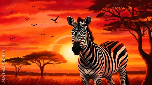 A striking Zebra standing in the golden African savanna at sunrise, its black and white stripes creating a mesmerizing pattern against the backdrop of acacia trees and a deep orange sky.