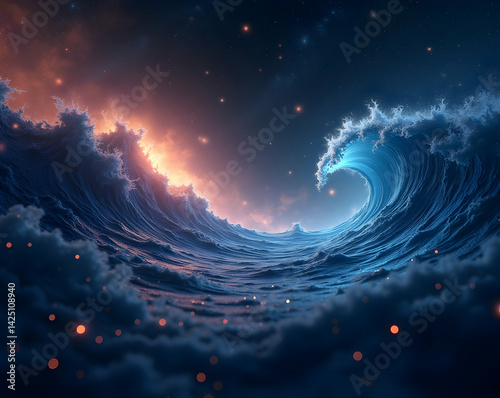 Gravitational Waves Visualized, Ripples Through Space and Time, Showcasing the Beauty and Complexity of Cosmic Phenomena with a Dreamy Ocean Concept