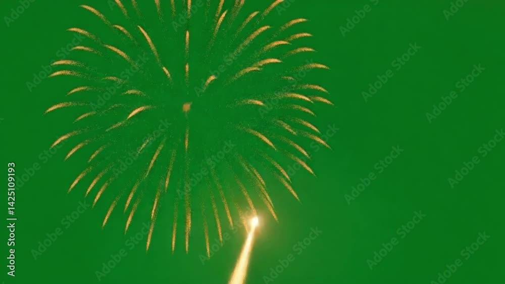 Fireworks Display Against Green Backdrop: The sky erupts with a brilliant burst of golden light, as a single firework blossoms against the backdrop.