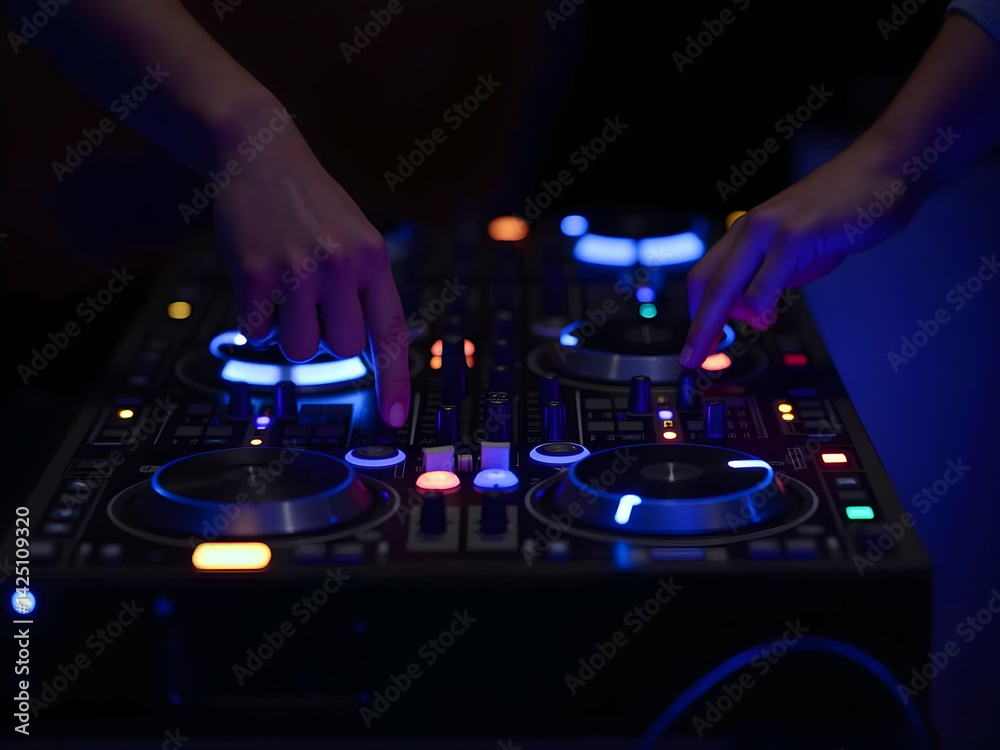 Obraz premium Hands on Deck, A DJ's Creative Control with Illuminated Mixer and Vibrant Glowing Lights, Capturing the Essence of Music Production and Performance