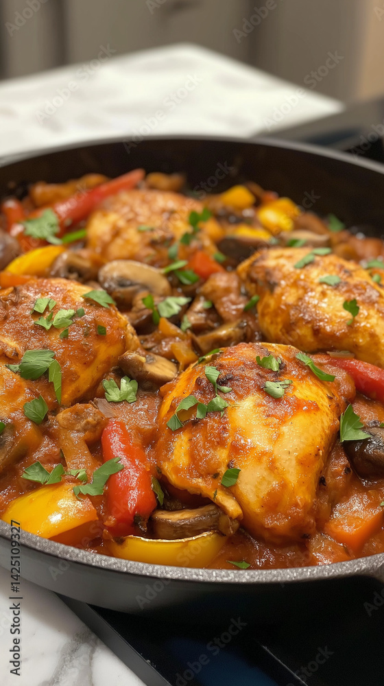 Stovetop chicken cacciatore closeup vertical