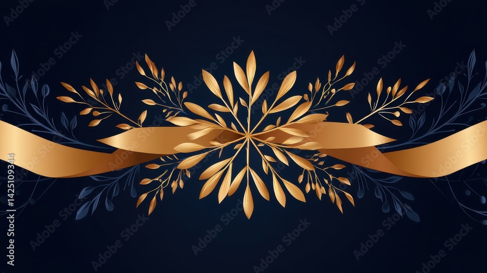 Fototapeta premium Elegant golden floral design with a ribbon on a dark background, perfect for celebrations